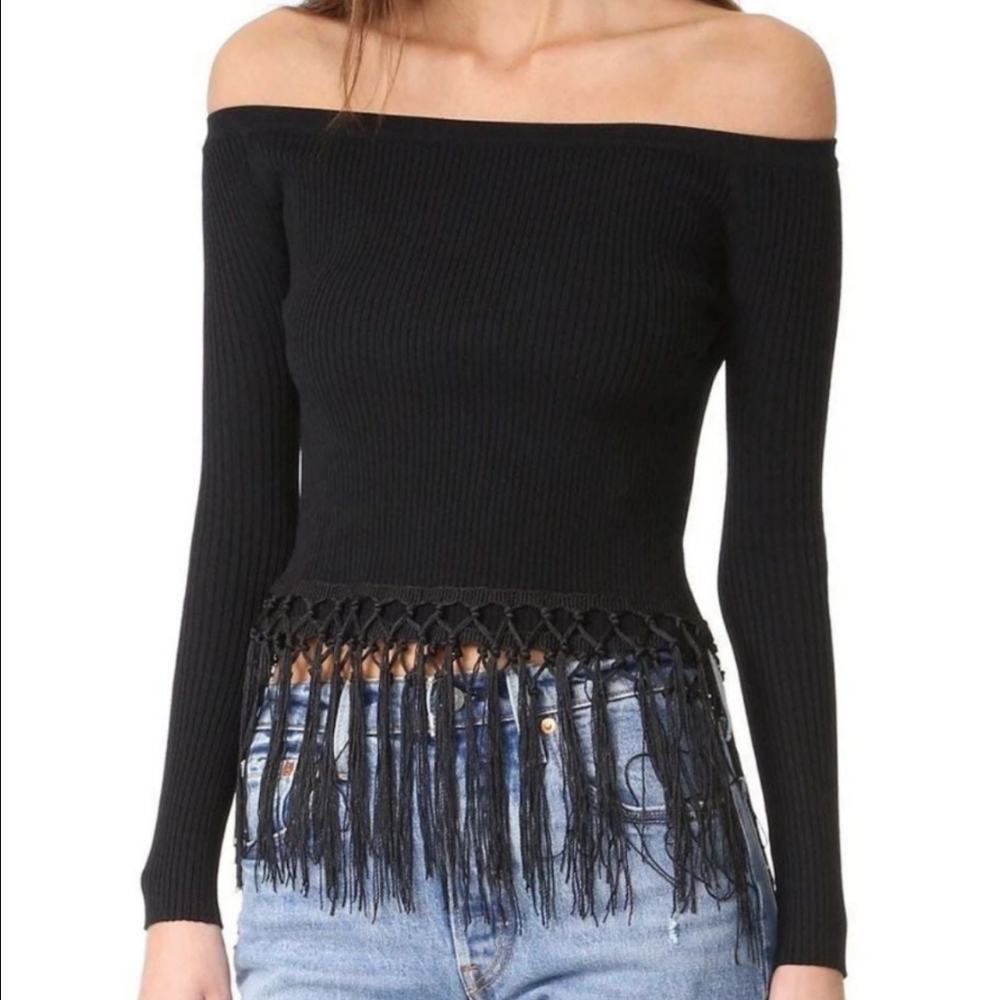 Line & Dot | NWT Off the Shoulder Fringe Trim Top - Black, Size Small